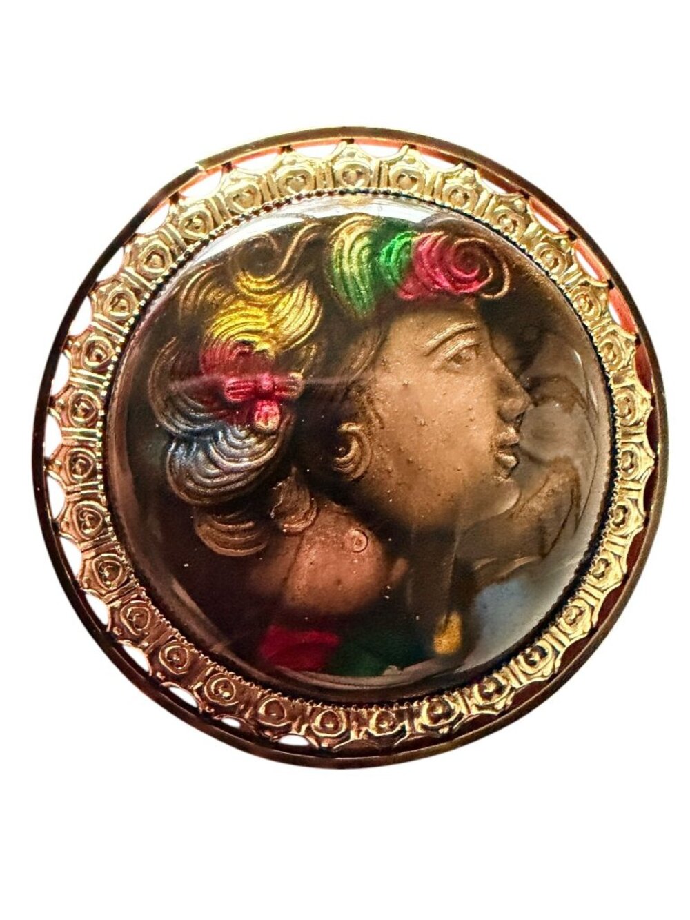 Vintage 1950s Reverse Carved Lucite Renaissance Lady Brooch New Old Stock